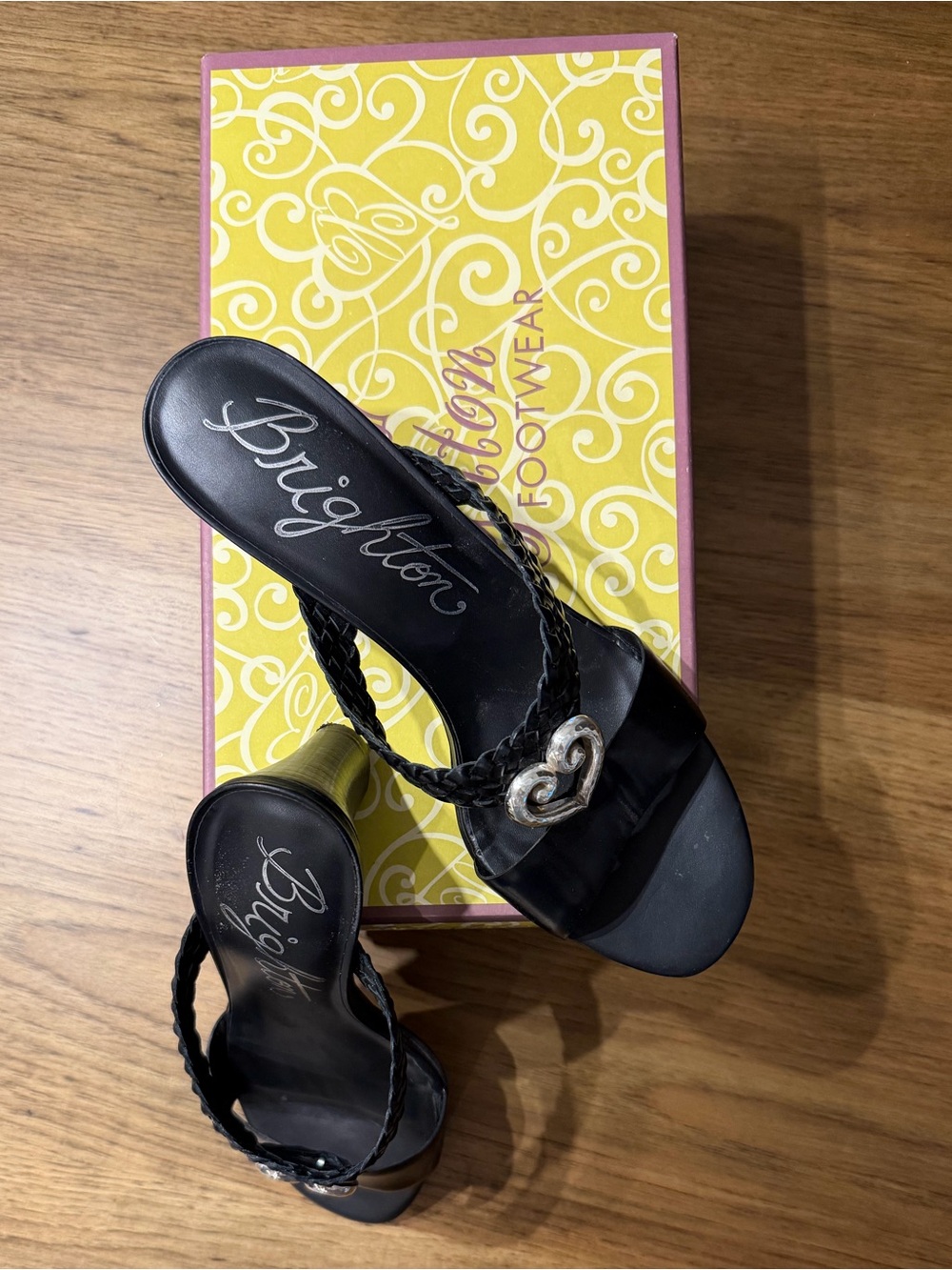 Brighton Black Braided Slide Sandals with Silver Heart Accent